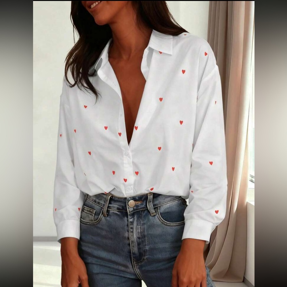 White Heart Print Button Down Long Sleeve Top
